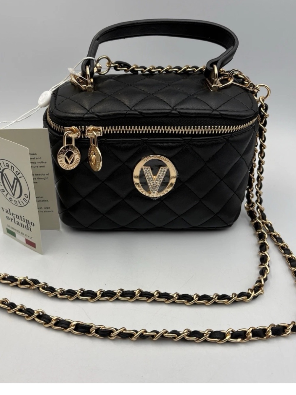 Valentino Orlandi Black Quilted Crossbody Vanity Bag Gold Chain Strap